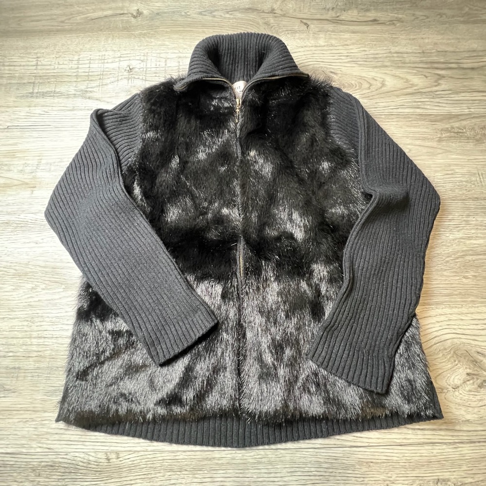 Kikit Faux Fur Front Ribbed Zip Sweater Womens Large Black Mock Neck Glam‎ Z10